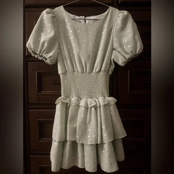 Habitual Girls Light Green w Silver Polka Dot Puff Sleeve Dress - Size 12 - NWOT - Picture 1 of 7